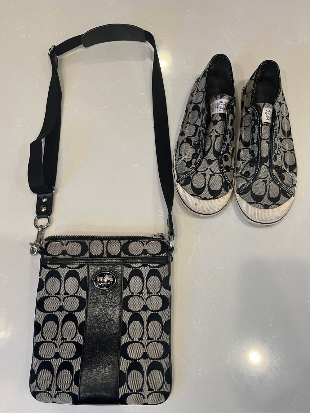 Coach Black and Gray Signature Crossbody with Leather Trim And Coach Shoes